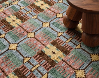 Hand Knotted Oushak Rug, Muted Pastel Wool Area Rug, Geometric Scandinavian Turkish Style Carpet Muted Blue Green Pink Brown Living Room Rug