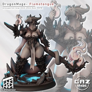May include: A DragonMage Flametongue miniature figure featuring a reptilian character with horns, holding a staff with flame-like elements. The figure stands on a 45mm base, with text reading DragonMage- Flametongue, presupported large 32mm 45mm Base, NSFW, and GAZ MINIS.