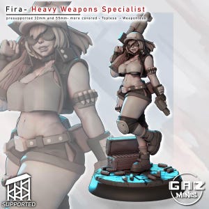 May include: A miniature figurine titled Fira- Heavy Weapons Specialist, featuring a character in a cap, goggles, and tactical gear with a large weapon on their back, standing on a base with a crate and shell casings, labeled 32mm and 55mm.