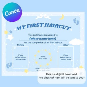 My First Haircut Certificate Boy - Canva Template Digital Download Printable Keepsake Book, Babys First Haircut, Personalized Cute Baby Gift