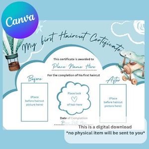 My First Haircut Certificate Airplane -Canva Template Digital Download Printable Keepsake Book First Haircut Cute Personalized Baby Boy Gift