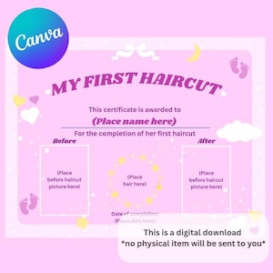 My First Haircut Certificate Girl - Canva Template Digital Download Printable Keepsake Book Babys First Haircut, Cute Personalized Baby Gift
