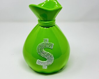 Money Bag Bling Rhinestone Dollar Sign Decor Twist Off Piggy Bank Green Color with Sparkling Rhinestones