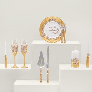 Gloria gold luxury wedding flutes for bride and groom, wedding cake cutting set, personalized wedding cake knife, wedding gift for couple