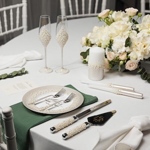 Pearl Cake Cutting Set | Wedding Toasting Flutes, Knife, Server & Unity Candles | Elegant Bride and Groom Gift