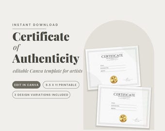 Modelo de Certificado de Autenticidade, Certificado de Autenticidade Editável em Canva para Artistas, Certificado de Arte Imprimível, Impressão de Edição Limitada, Download Instantâneo