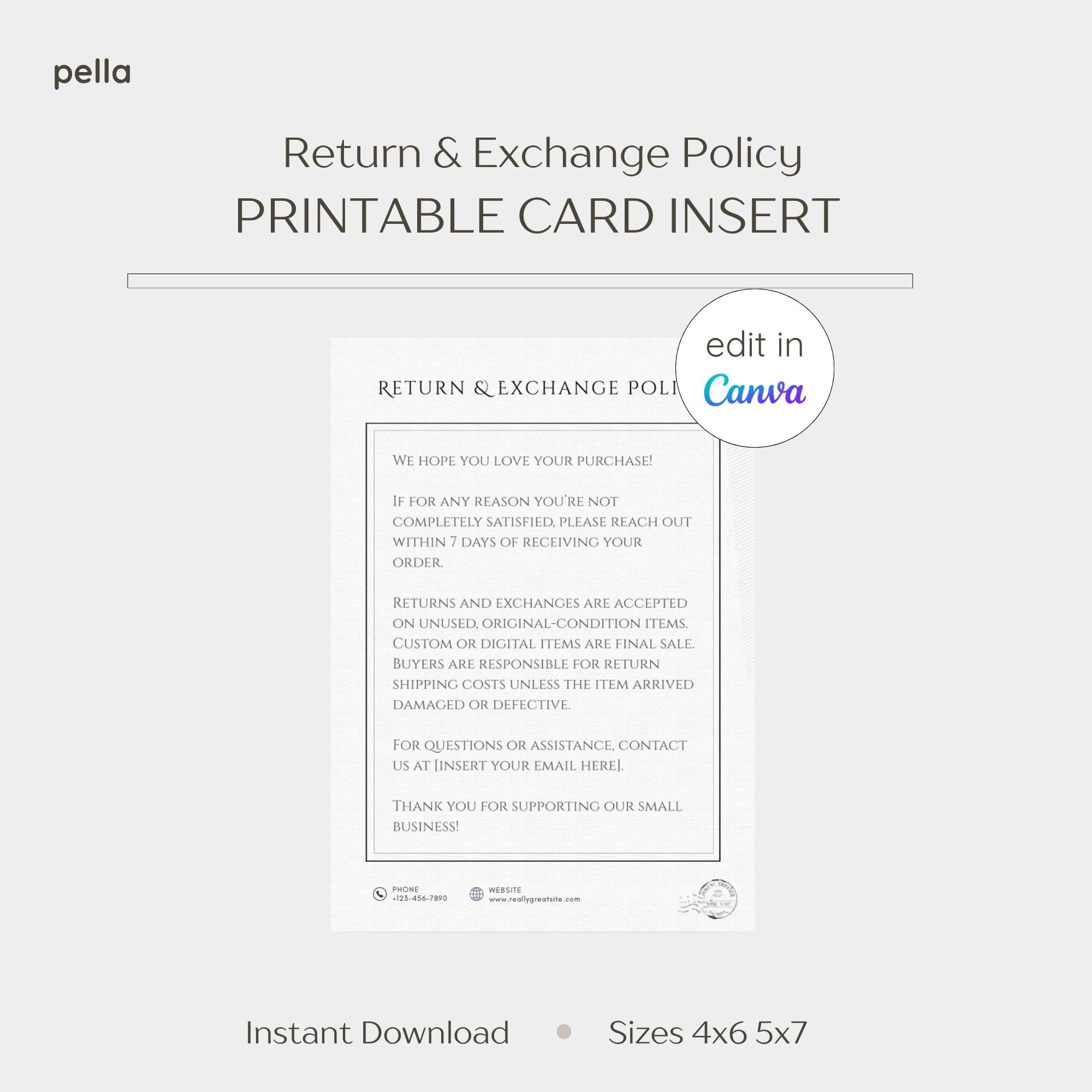 Return & Exchange Policy Template Canva | Printable Insert Card for ...