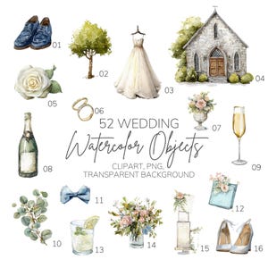 Peut inclure: Illustrations à l'aquarelle sur le thème du mariage, comprenant une robe de mariée, une église, du champagne, des chaussures, des alliances et des fleurs. Le texte indique "52 Wedding Watercolor Objects".
