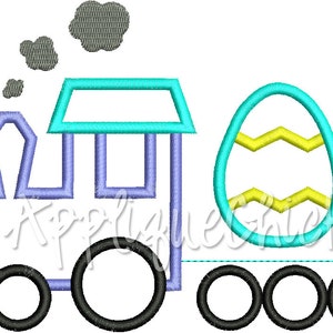 May include: A blue and turquoise train with black wheels pulls a teal and yellow Easter egg. The train has a chimney with gray smoke coming out of it.