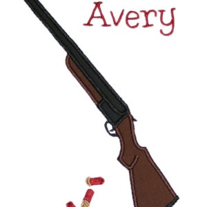 May include: A brown and black shotgun with a red name "Avery" above it. There are three red shotgun shells scattered below the gun.
