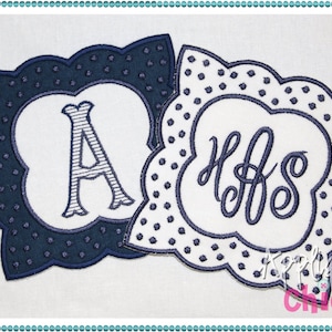 May include: Two blue and white embroidered designs with scalloped edges. The first design features the letter "A" in a white and gray striped font. The second design features the letters "HFS" in a cursive font. Both designs are on a white background.