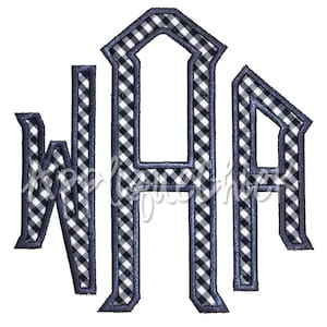 May include: Monogram design featuring the letters WHA in a bold, gothic font. The letters are filled with a black and white gingham pattern and outlined with a dark blue border. The design is set against a white background.
