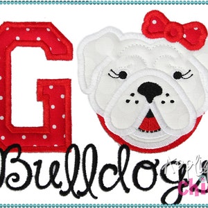 May include: Red and white embroidered patch with the letter "G" and a white bulldog with a red bow. The text "Bulldog" is embroidered in black below the image.