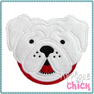 May include: White bulldog face applique with a red collar. The bulldog has a black nose and black eyes. The applique is perfect for adding a touch of whimsy to any project.