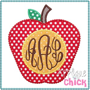 May include: Red apple with white polka dots and a yellow circle with brown monogram letters "A.F." in the center. The apple has a green leaf with white polka dots and a brown stem.