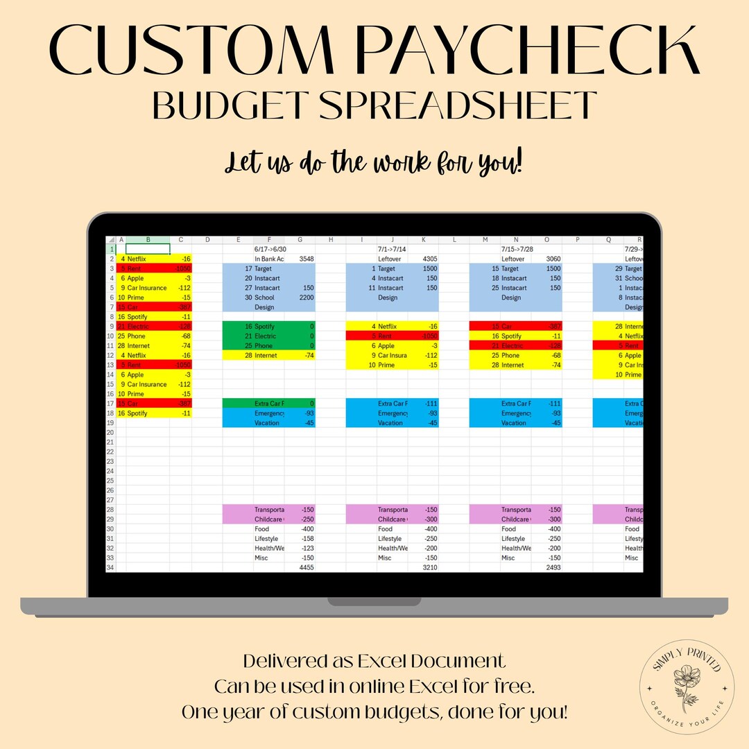 Custom Paycheck Budget Spreadsheet | Personalized Budget Planner