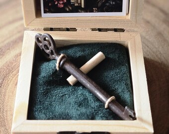 Juego de regalo de llave de barril hueco de latón antiguo genuino, caja de recuerdo, pergamino de intención, llave maestra vintage, herramienta de manifestación