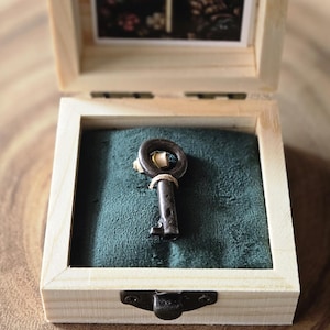 May include: A small, antique-style key rests on a teal velvet cushion inside an open wooden box. The box has a hinged lid and a metal clasp. A picture of a key is visible on the inside of the lid.
