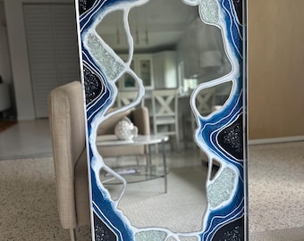 Crystal Ocean Quartz Resin Mirror Large Art, Water Black Silver Rectangle, Quartz, Geode, Z Gallerie, Gift, Functional Art, Hlobik