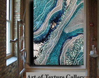 Crystal Quartz Resin Painting Custom Geode Glitter Original Abstract Modern Blue Aqua Teal Water Silver Z Gallerie Painting by Je Hlobik