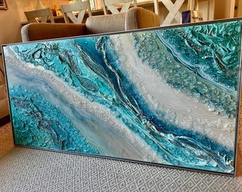 Ocean Water Resin Wall Geode Art Big Framed Painting Quartz Glass Original Abstract Modern Blue Gray Crystal Foil Leaf Z Gallerie Hlobik