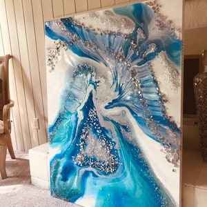 Crystal Resin Glass Big Agate Abstract Modern Custom Silver Aqua Blue Water White Crystals Foil Leaf Flow Sold Earth Glass by Je Hlobik