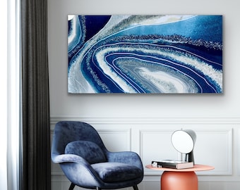 Abstract Glass Wall Art Sculpture Texture Oil Resin Geode Painting Blue White Silver Quartz Gray Original Painting Hlobik
