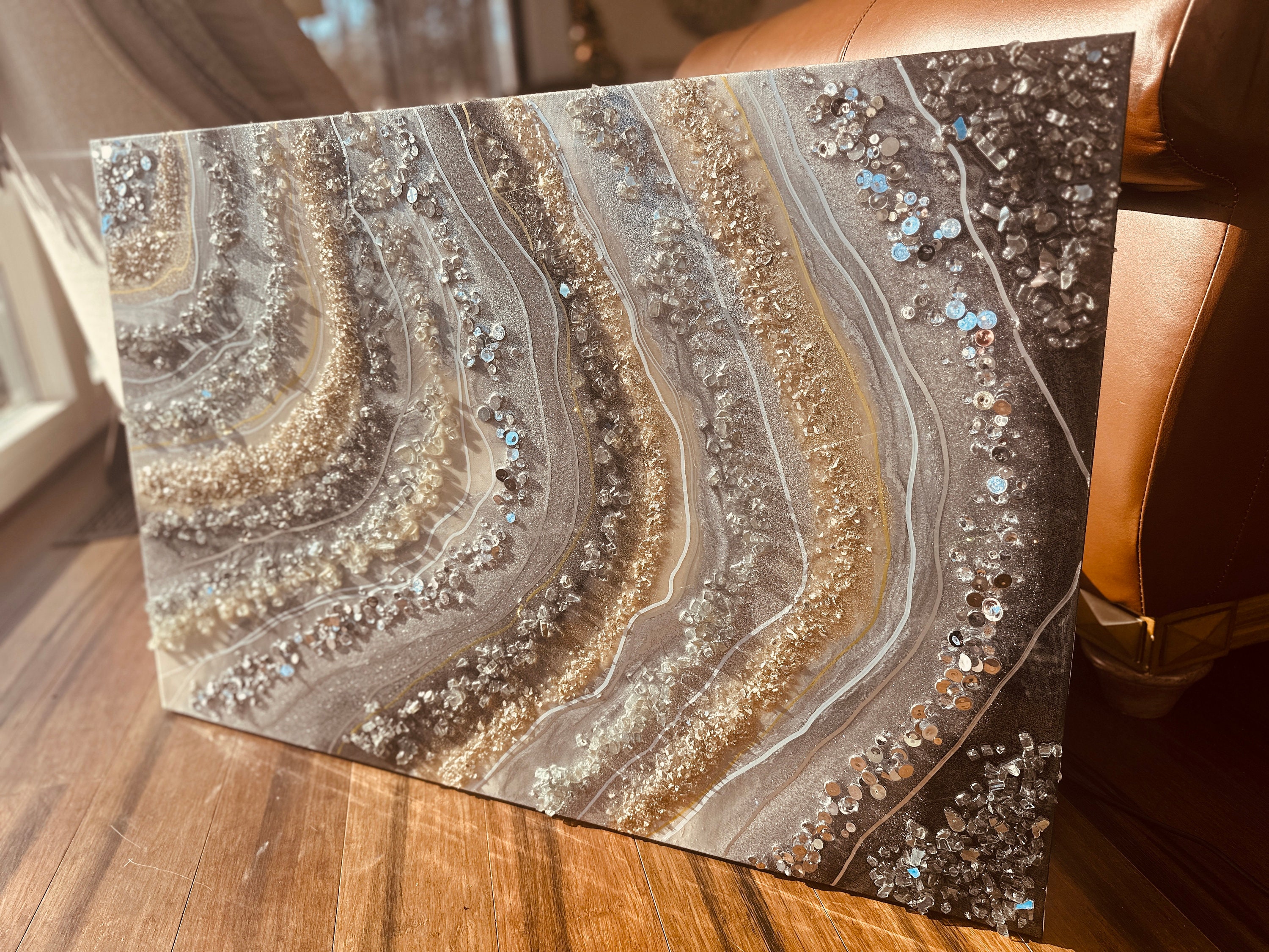 Glass Painting Resin Glam Wall Geode Art Big Quartz Original Abstract Silver Gold Gray Crystal Foil Leaf Glitter Gallerie Hlobik