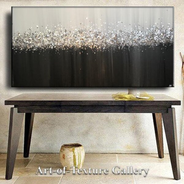 Large Abstract Painting Original Ready Texture Modern Resin Silver Glitz Foil Metal Black Platinum Gray  White Glitter Painting Je Hlobik