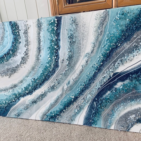 Glass Resin Agate Geode Big to Huge Painting Quartz Glass Original Abstract Modern Silver Blue Pewter Gray Glass Je Hlobik