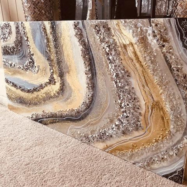 Resin Wall Geode Art Big to Huge Painting Quartz Glass Original Abstract Modern Silver Gold Gray Crystal Foil Leaf Glitter Z Gallerie Hlobik