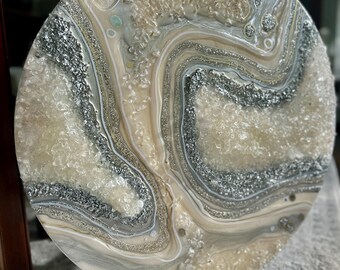 Quartz Crystal Point Resin Art , Hand Poured Pearly White, Geode Art, Round Silver Leaf Gold, Gift,  Abstract Painting Z Gallerie Hlobik