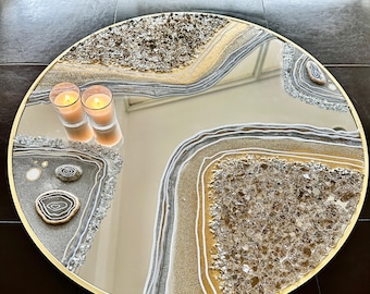 Crystal Ottoman Resin Tray, 24k Gold Silver Round Mirror, Geode Art, Geode Resin, Z Gallerie, Centerpiece, Gift, Functional Art, Je Hlobik