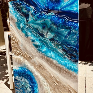 Resin Crystal Water Ocean 3D Quartz Gift Mom Art Painting Custom Geode Original Abstract Modern Blue Aqua Teal Beige Hlobik