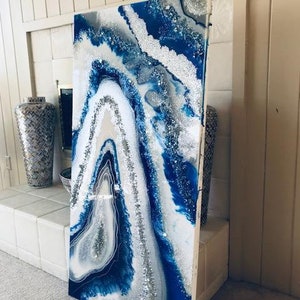 Crystal Geode Resin Glass Quartz Painting Agate Abstract Modern Custom Silver Navy Blue White Foil Leaf Flow Sold Earth Je Hlobik