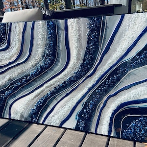 Glass Wall Art Sculpture Texture Resin Geode Painting Blue White Silver Quartz Gray Original Painting Hlobik