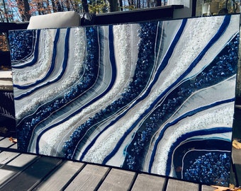 Glass Wall Art Sculpture Texture Resin Geode Painting Blue White Silver Quartz Gray Original Painting Hlobik