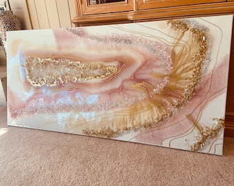 Glass Wall Art Painting Resin Glass Agate Abstract Modern Custom 24k Gold Pink Blush White Crystals Foil Leaf Flow Sold Glass by Je Hlobik