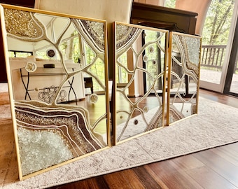 Crystal Resin Art Large Mirror Set, 24k Gold Silver Rectangle Mirror Set, Geode Quartz, Geode, Z Gallerie, Gift, Functional Art Hlobik