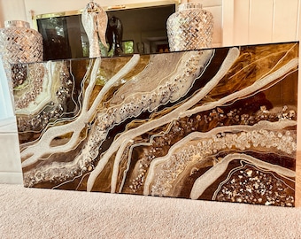 24k Molten Gold Brown  Resin Crystal Glass Geode Art Big Huge Painting Quartz Original Abstract Modern Bronze Crystal Foil Leaf Glitx Hlobik
