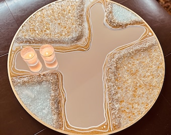 Crystal Quartz Ottoman Resin Tray, 24k Gold Round Mirror, Geode Art, Geode Resin, Z Gallerie, Centerpiece, Gift, Functional Art, Je Hlobik