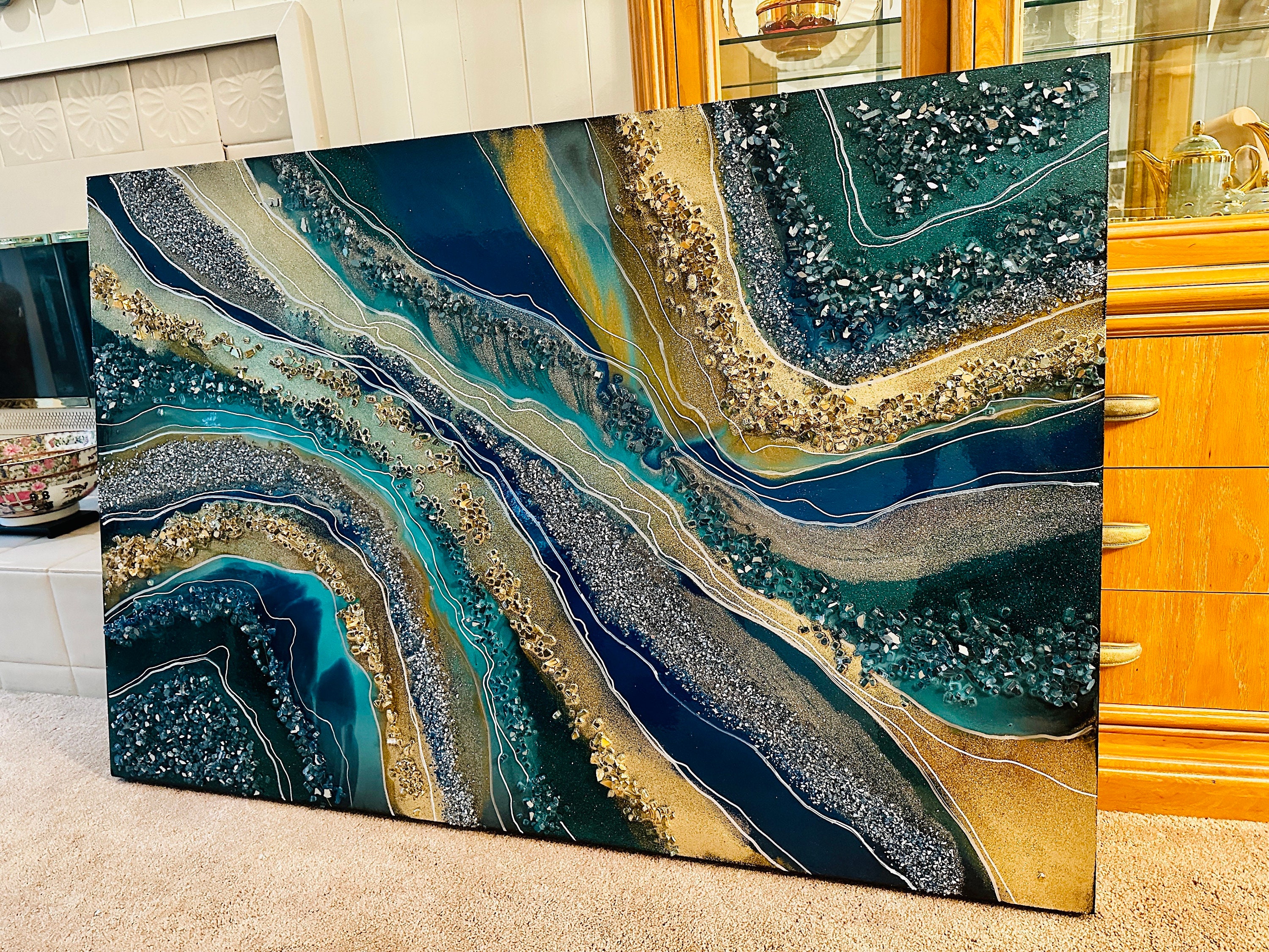 Crystal Quartz 24K Resin Art Painting Custom Geode Glitter Original Abstract Modern Gold Blue Aqua Teal Water Z Gallerie Painting Je Hlobik