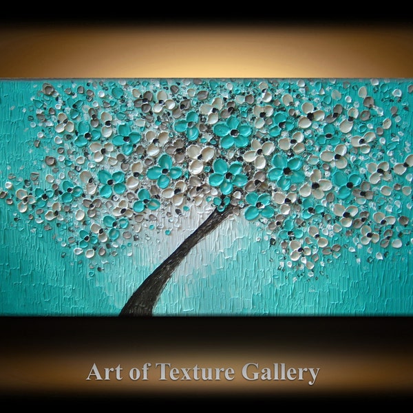 48 x 24 Custom Big Oil Painting Original Texture Aqua Blue Teal Beige Brown White Floral Tree Sculpture Knife Painting by Je Hlobik