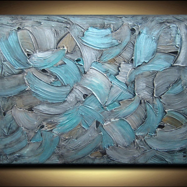 40 x 30 Original Abstract Modern Texture Metallic Carved Turquoise Aqua Blue Silver White Beige Painting by Je Hlobik