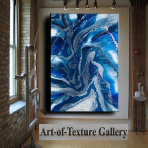 HUGE Glass Crystal Resin Agate Painting Custom Geode Original Abstract Modern Blue Navy Silver Leaf Glitz Crystal Sold Painting by Je Hlobik