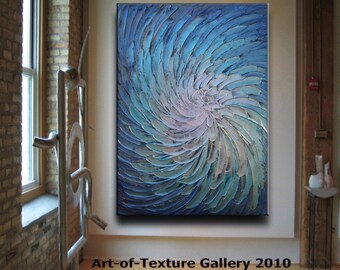 30 x 40 Original Abstract Texture Modern Blue Silver Metallic Carved Floral Sculpture Knife Oil Painting by Je Hlobik