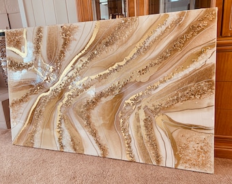 Glass Wall Art Quartz 24K Gold Resin Agate Gift Geode Big Huge Painting Gold Pearl White Glass Original Abstract Modern Gemstone Mom Hlobik