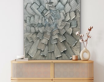 Abstract 3D Impasto Painting Big 30 x 40 Texture Modern Blue Silver White Metallic Carved Knife Oil Painting by Je Hlobik