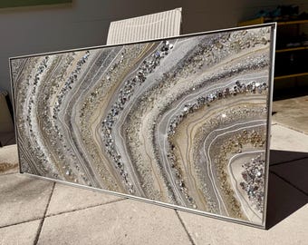 Resin Wall Geode Art Big Framed Painting Quartz Glass Original Abstract Modern Silver Gold Gray Crystal Foil Leaf Glitter Z Gallerie Hlobik