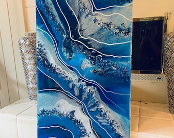 Glass Wall Art Geode Quartz Crystal Resin Custom Big Agate Abstract Modern Silver Navy Blue Black Foil Leaf Flow Sold Earth Glass Je Hlobik